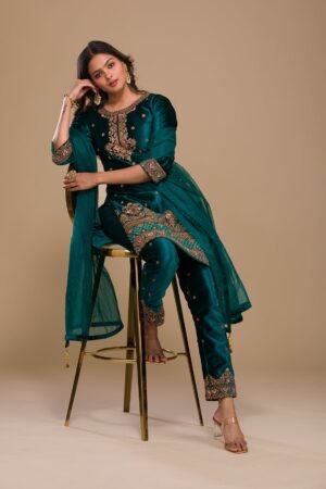 Peacock Blue Zariwork Velvet Readymade Salwar Suit