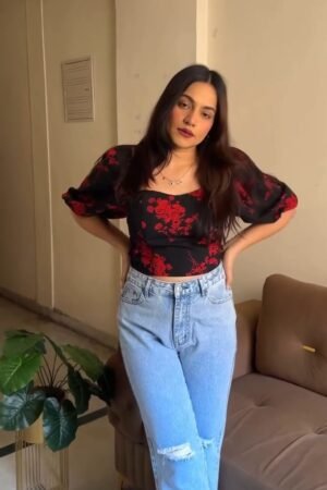 Black & Red Floral Square Neck Top