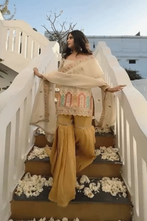 Elegant Beige Embroidered Kurti with Mustard Sharara