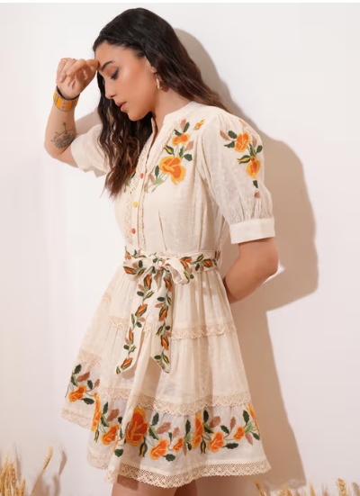 Cream Floral Embroidered Belted Mini Dress