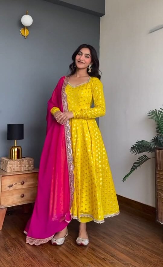 Yellow Anarkali Suit with Pink Dupatta