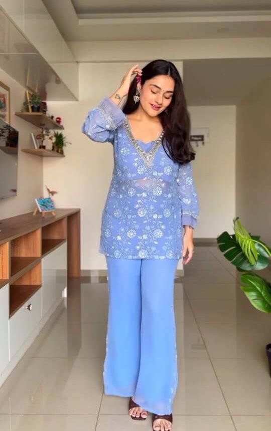 Sky Blue Embroidered Kurta with Palazzos