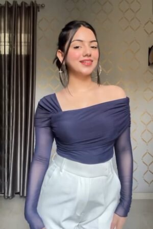 Stylish One-Shoulder Navy Blue Mesh Top