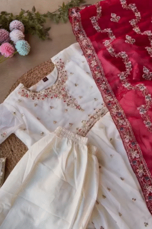 Elegant Ivory Embroidered Kurta Set with Red Zari Dupatta
