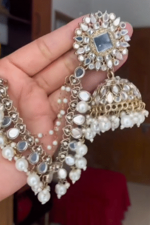 Elegant Kundan Pearl Jhumka Earrings with Ear Chain