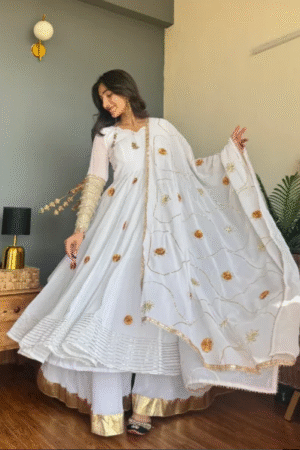 Elegant White Anarkali Suit with Gold Motif Detailing
