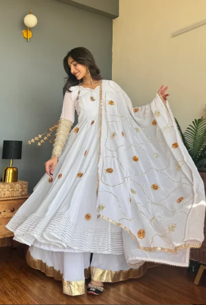 Elegant White Anarkali Suit with Gold Motif Detailing