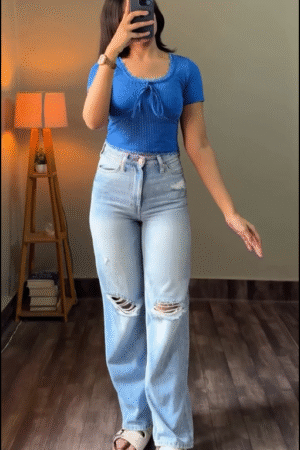 Women’s Blue Ribbed Tie-Front Crop Top