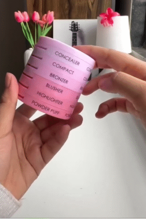 Multi-Layer Makeup Storage Organizer – Pink Stackable Cosmetic Jar with Labeled Sections