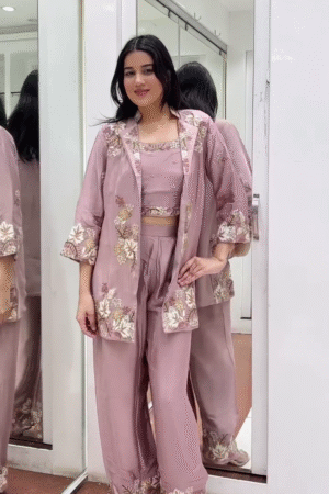 Women’s Mauve Embroidered Co-Ord Set with Jacket