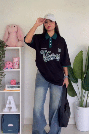 Oversized Black Victory Polo T-Shirt for Women