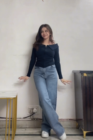 Women’s Black Off-Shoulder Full Sleeve Top with High-Waist Blue Jeans