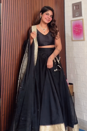 Black Embroidered Lehenga Set with Gold Border & Dupatta