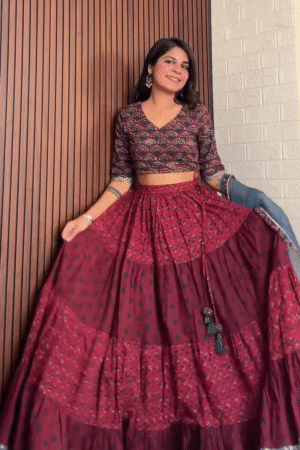 Maroon Printed Lehenga Set with V-Neck Crop Top & Dupatta