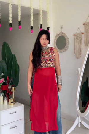 Red Embroidered Sleeveless Kurta with Sheer Panel – Women’s Indo-Western Ethnic Top