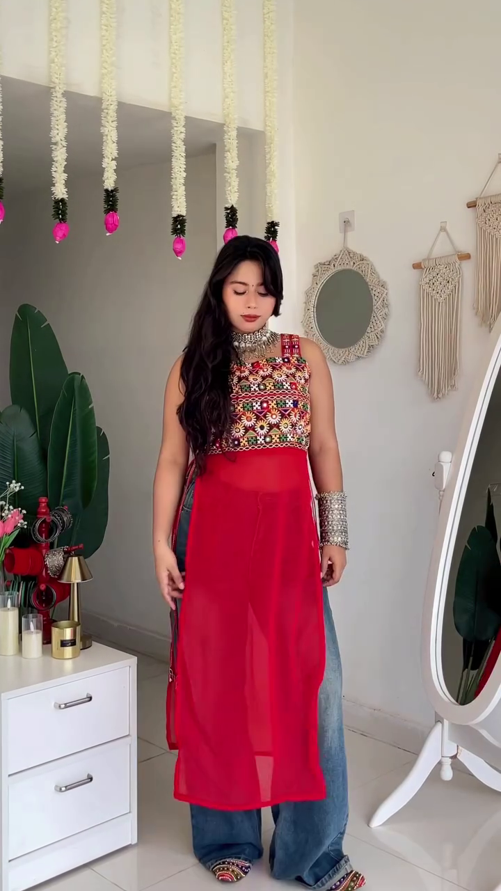 Red Embroidered Sleeveless Kurta with Sheer Panel – Women’s Indo-Western Ethnic Top
