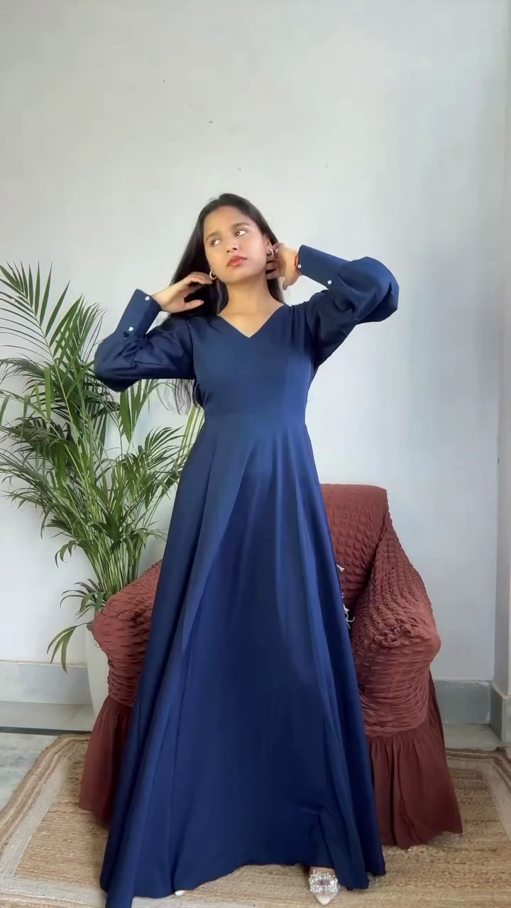 Navy Blue Maxi Dress for Women – Elegant Flared Long Dress with Balloon Sleeves