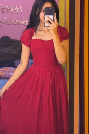 Red Puff Sleeve Fit & Flare Dress – Romantic Mirror Selfie Look