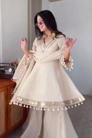 Women’s Elegant Beige Sharara Suit Set with Dupatta and Embellished Kurti