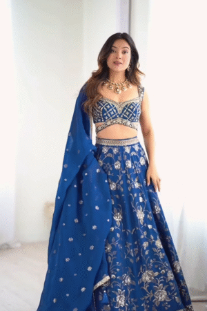 Women’s Navy Blue Embroidered Lehenga Choli with Dupatta – Designer Festive Wear