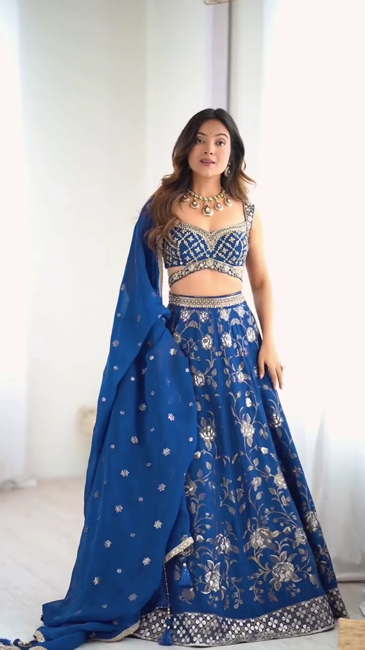 Women’s Navy Blue Embroidered Lehenga Choli with Dupatta – Designer Festive Wear