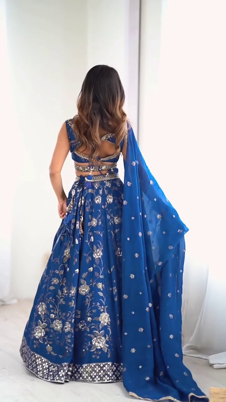 Women’s Navy Blue Embroidered Lehenga Choli with Dupatta – Designer Festive Wear - Image 2