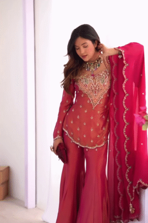Designer Red Embroidered Sharara Suit with Dupatta – Wedding & Festive Wear