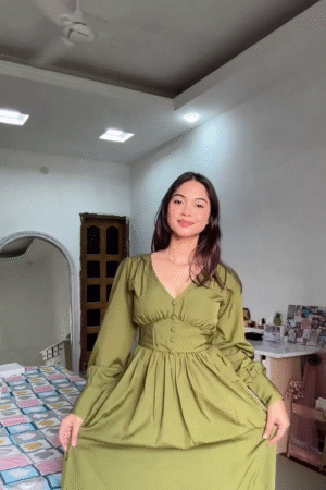 Olive Green V-Neck Gathered Waist Midi Dress with Long Sleeves