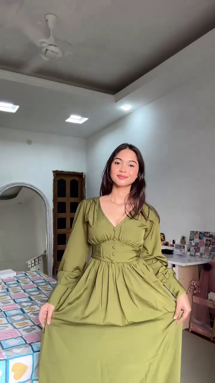 Olive Green V-Neck Gathered Waist Midi Dress with Long Sleeves