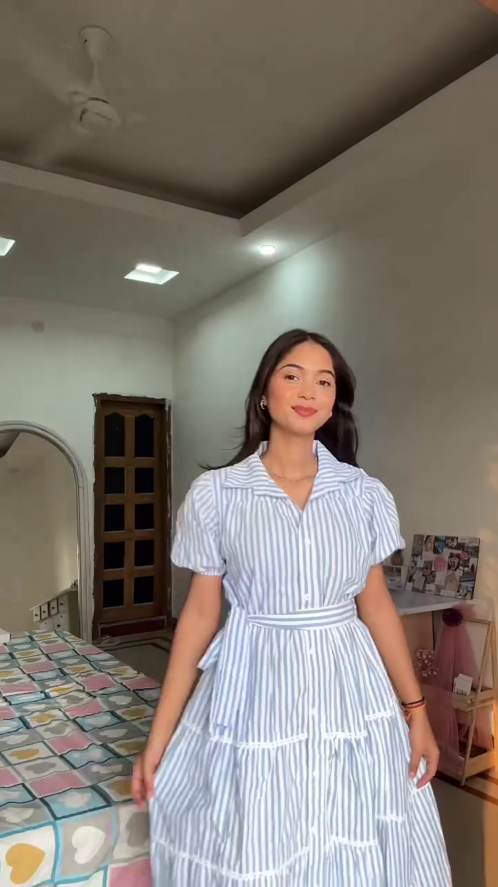 Olive Green V-Neck Gathered Waist Midi Dress with Long Sleeves - Image 4