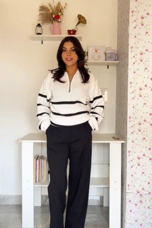 Casual Striped Half-Zip Sweater with Black Wide-Leg Trousers