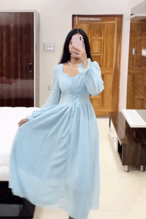 Elegant Ivory Lace Midi Dress with Sheer Puff Sleeves