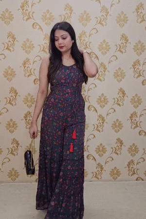 Black Floral Printed Sleeveless Jumpsuit with Tassel Tie-Up – Chic Party Outfit