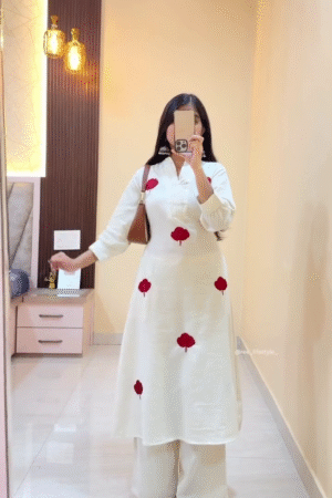 Elegant White Kurta Set with Red Floral Embroidery | Chic Ethnic Wear for Women
