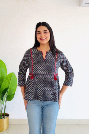 Stylish Printed Kurti Top with Red Tassel Detail | Casual Ethnic Wear for Women