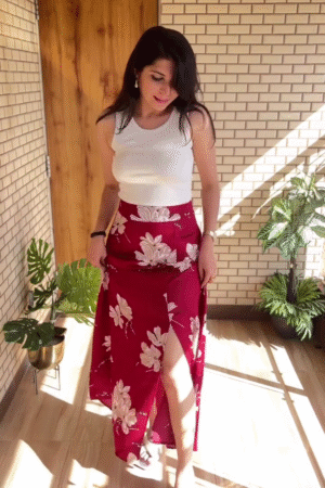 Red Floral High-Slit Skirt with White Tank Top | Chic Summer Outfit for Women